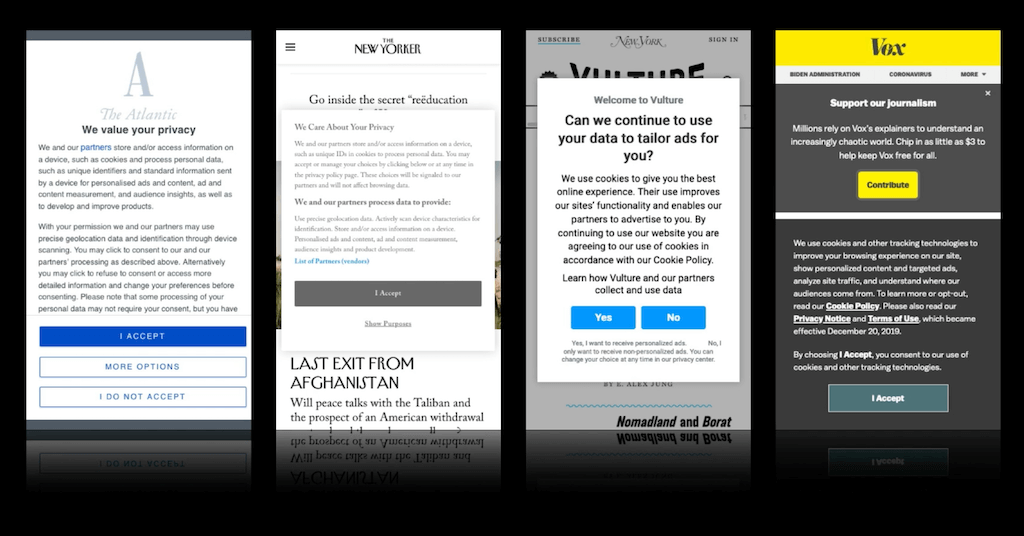 A slide from the talk showing the intrusive cookie banners of four major news websites